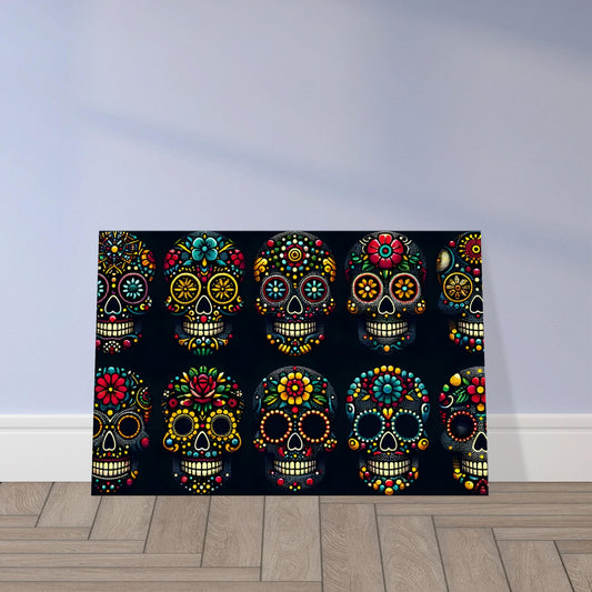 Artwork featuring multiple traditional Mexican skulls with colorful dotted patterns on a dark background.