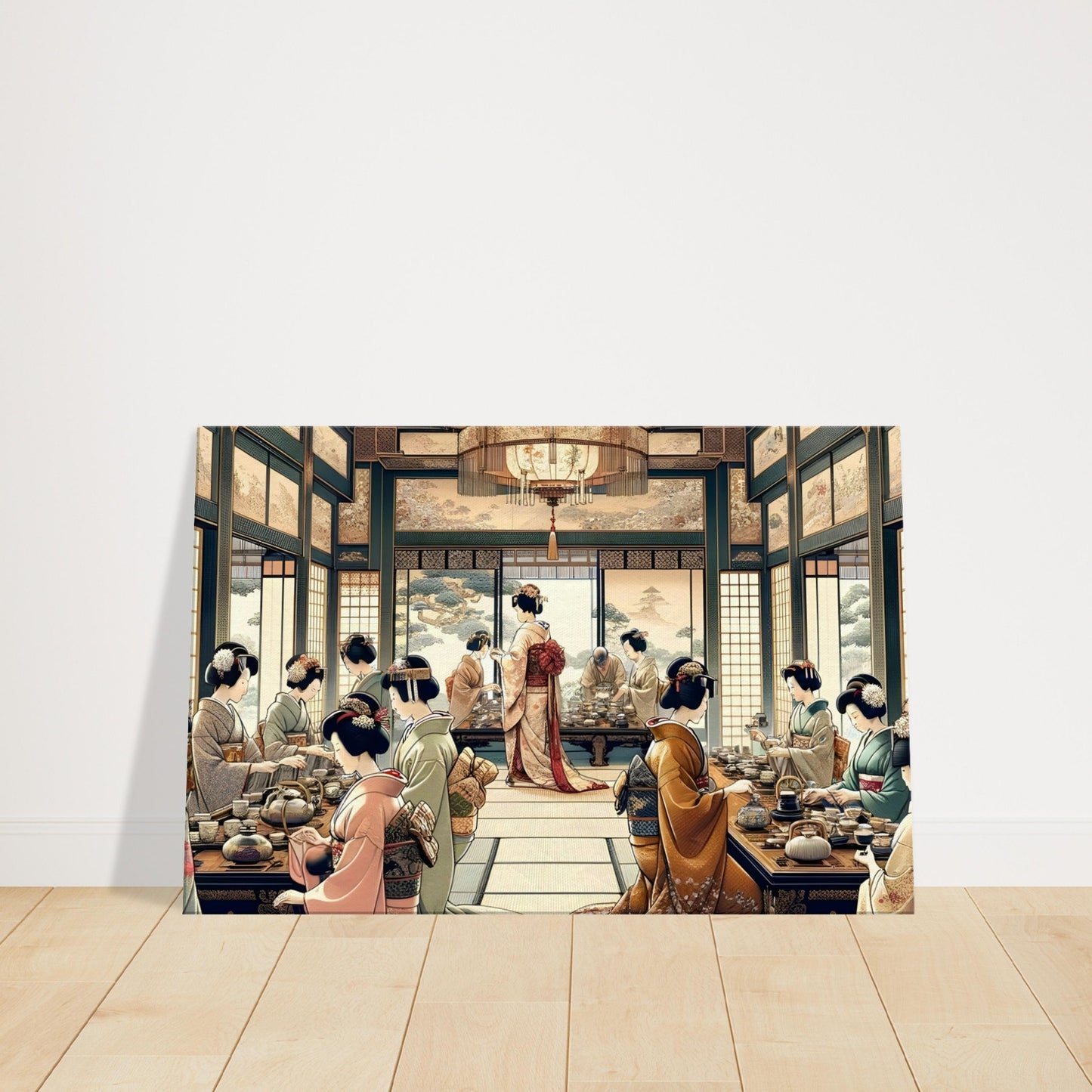 Japanese tea ceremony with people in kimonos inside a softly colored tea room, overlooking a tranquil garden.