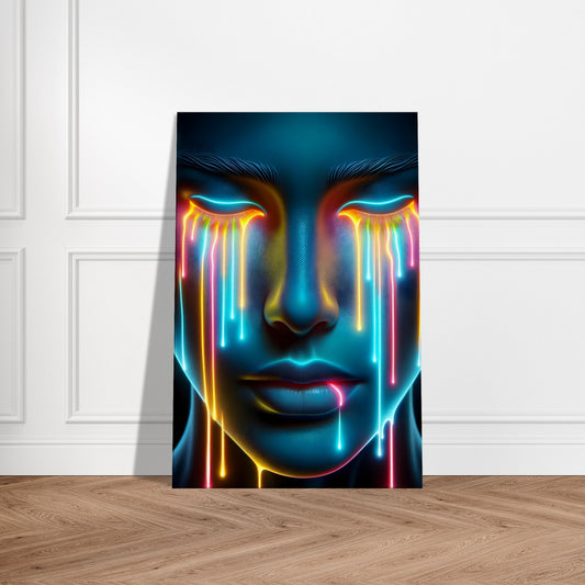 Portrait of a peaceful figure with soft blue and lavender paint drips, expressing calm and tranquility in a modern art style.