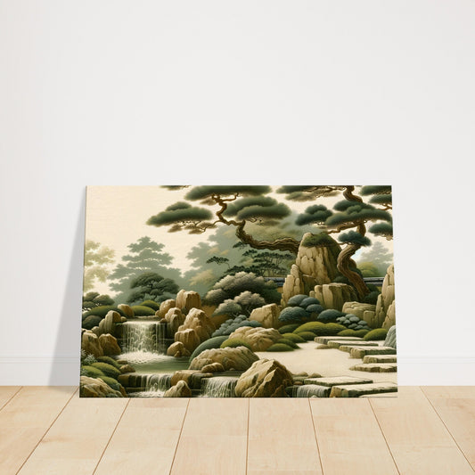 Traditional Zen garden with a stone path leading to a small waterfall, surrounded by soft greenery and natural textures.