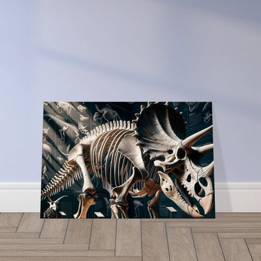 Detailed illustration of a Triceratops skeleton with labelled anatomy and scale, lit under soft museum-style lighting.