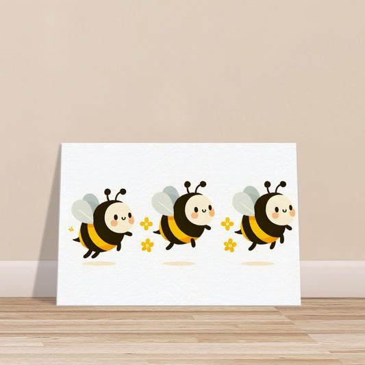 Canvas print of three cartoon bumblebees flying together in sunny colors with a whimsical design.