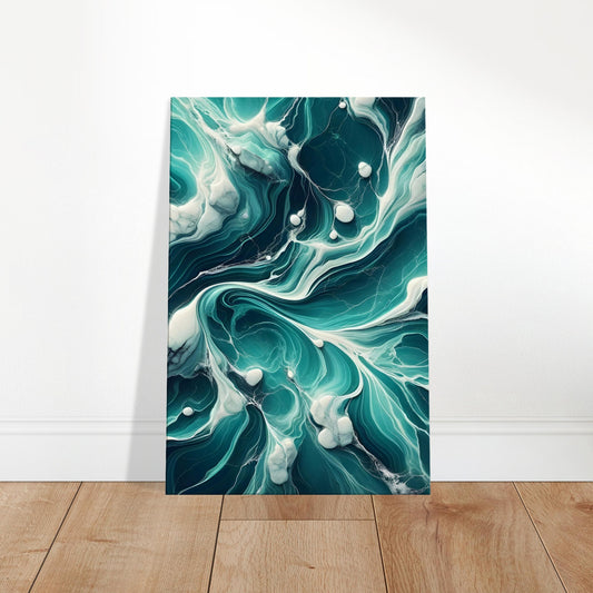 Teal marble wall art with bright white and silver veining and a polished finish, inspired by tropical ocean waters.