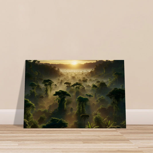 Sunset over a misty tropical jungle with glowing light filtering through dense forest trees.