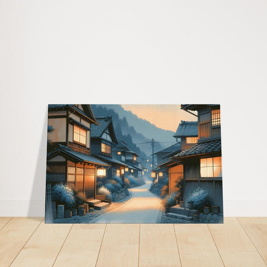 Traditional village street at twilight with wooden houses and glowing lanterns under a deepening blue sky.