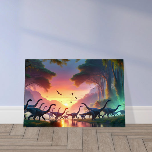 Wall art of a Parasaurolophus herd walking beside a river at twilight, silhouetted against a colourful dusk sky.