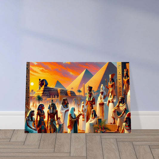 Sunset over the Nile with ancient Egyptian temples, hieroglyph-covered architecture, and figures in traditional attire.