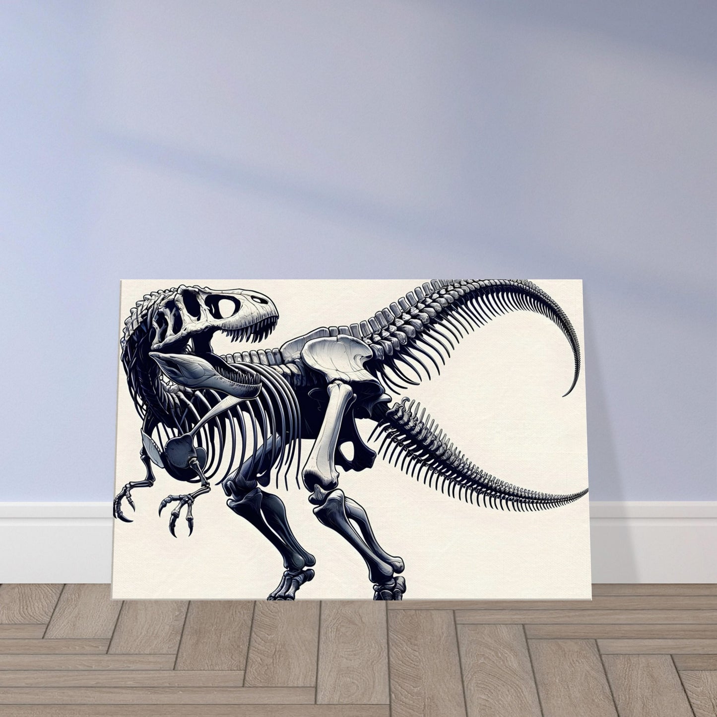 Illustration of a Tyrannosaurus Rex skeleton featuring two trailing tails, with a focus on its massive skull and strong hind limbs.