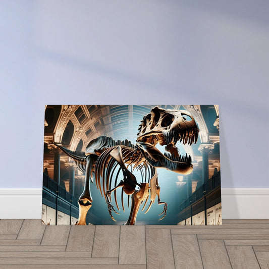 Illustration of a Tyrannosaurus Rex skeleton with detailed skull, teeth, and legs, shown with museum-style lighting and plaques.