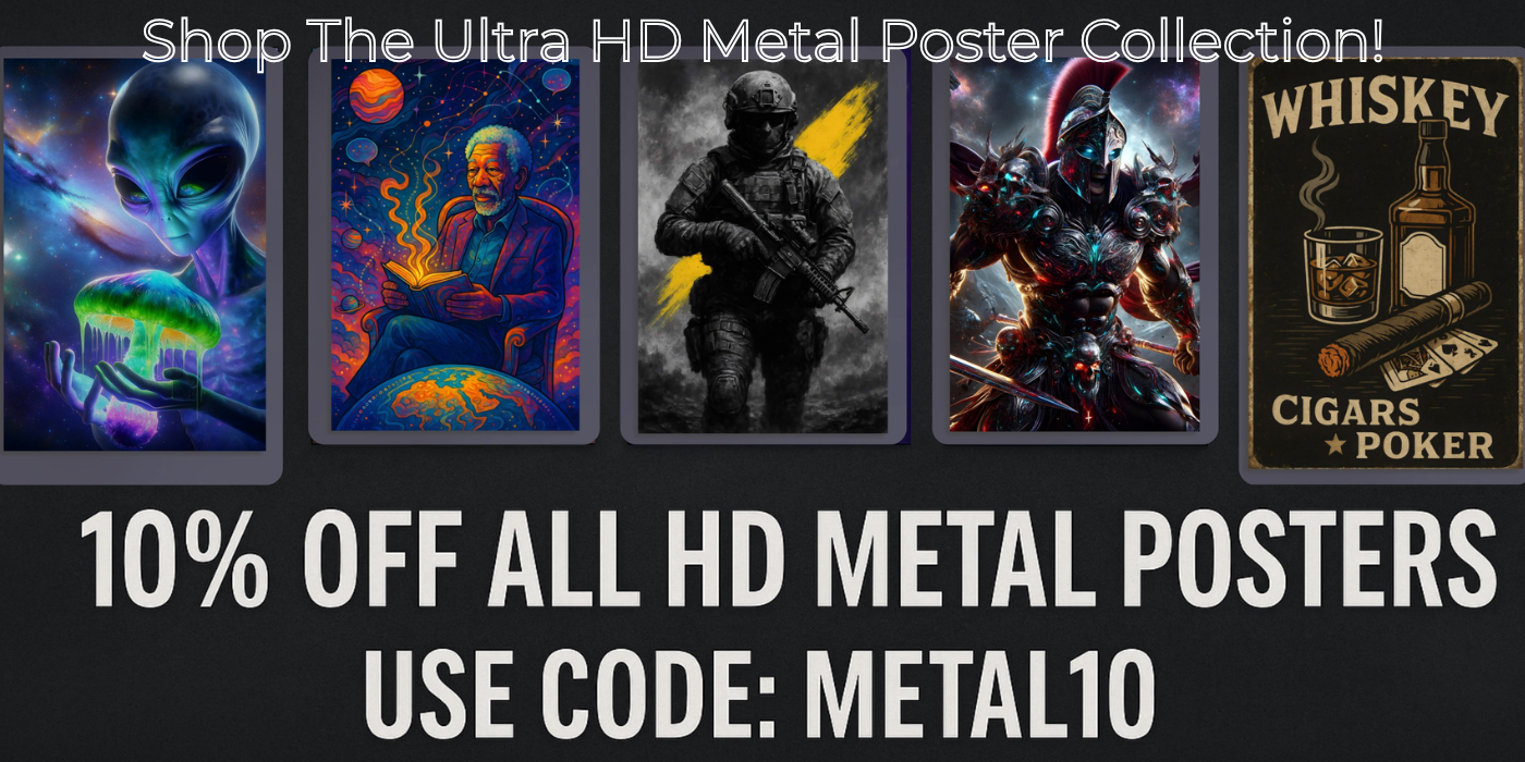 Promotional banner for Ultra HD Metal Poster Collection with various posters and a discount offer.