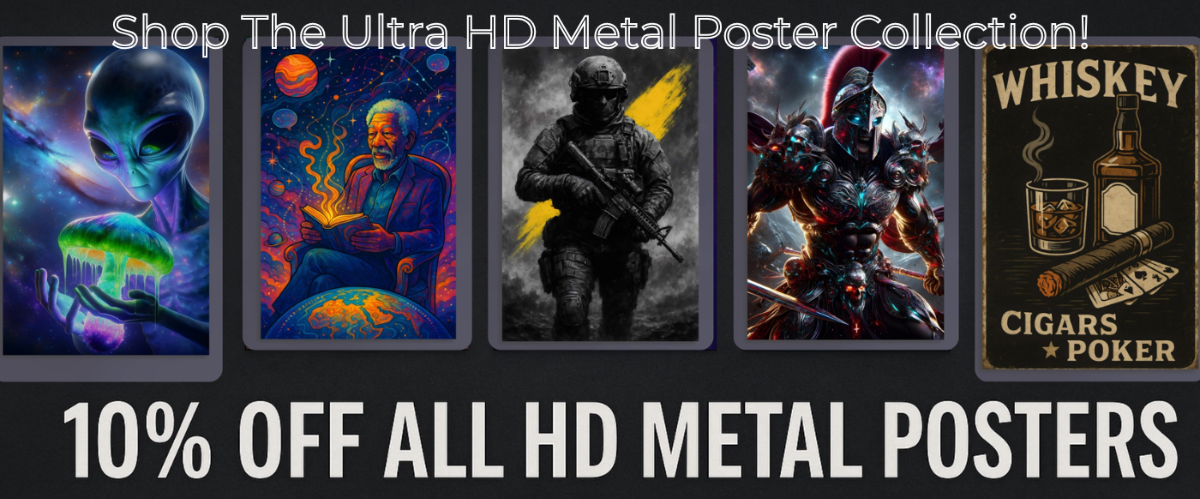Promotional banner for Ultra HD Metal Poster Collection with various posters and a discount offer.
