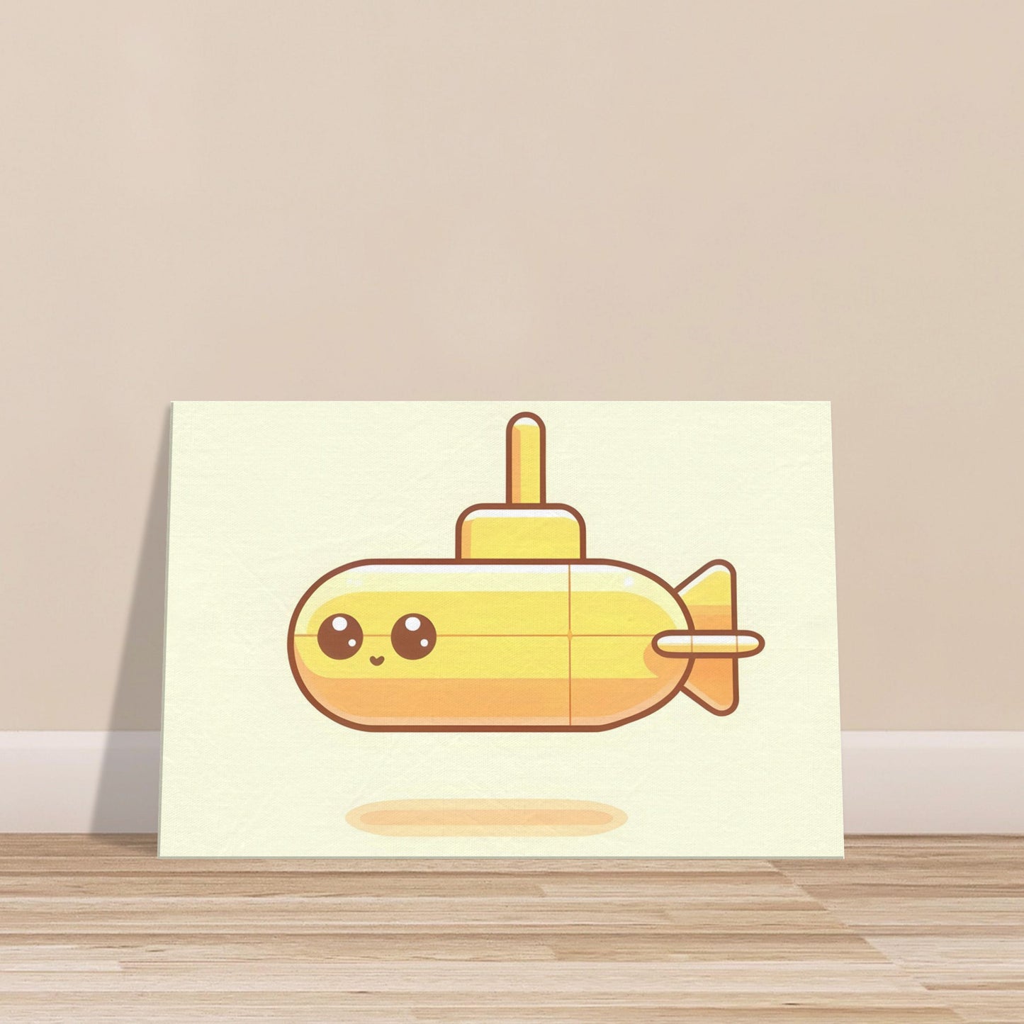 Yellow cartoon-style submarine with large eyes on a light yellow to white gradient background.