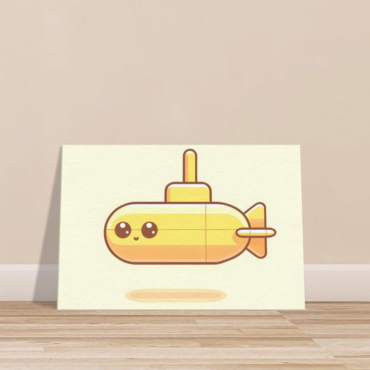 Yellow cartoon-style submarine with large eyes on a light yellow to white gradient background.