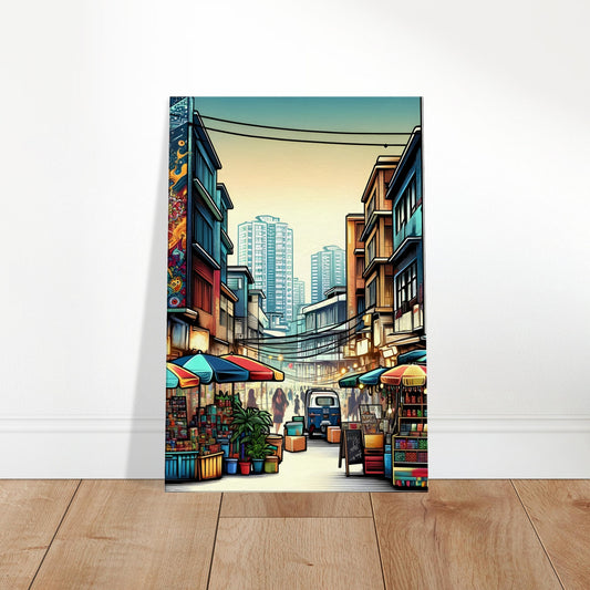 Pop art city street scene with bohemian elements—graffiti walls, flowing fabrics, and eclectic urban design.