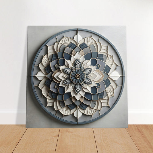 Mandala artwork with detailed symmetry in soft pewter, alabaster, and muted slate, blending traditional form with urban modernity.