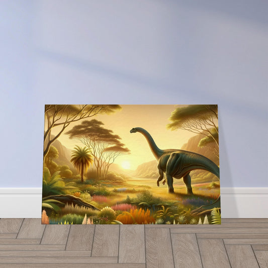 Wall art of a large herbivorous dinosaur reaching for leaves in a prehistoric valley at sunset, surrounded by ancient plants.
