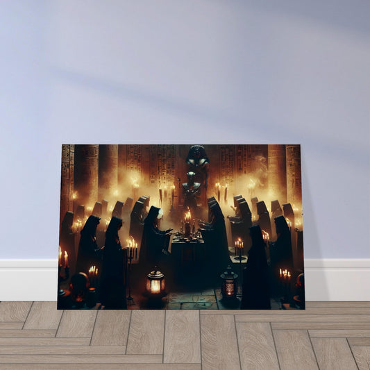 Ancient Egyptian priests in dark robes performing a ritual by torchlight inside a temple with hieroglyph-covered walls and incense smoke.