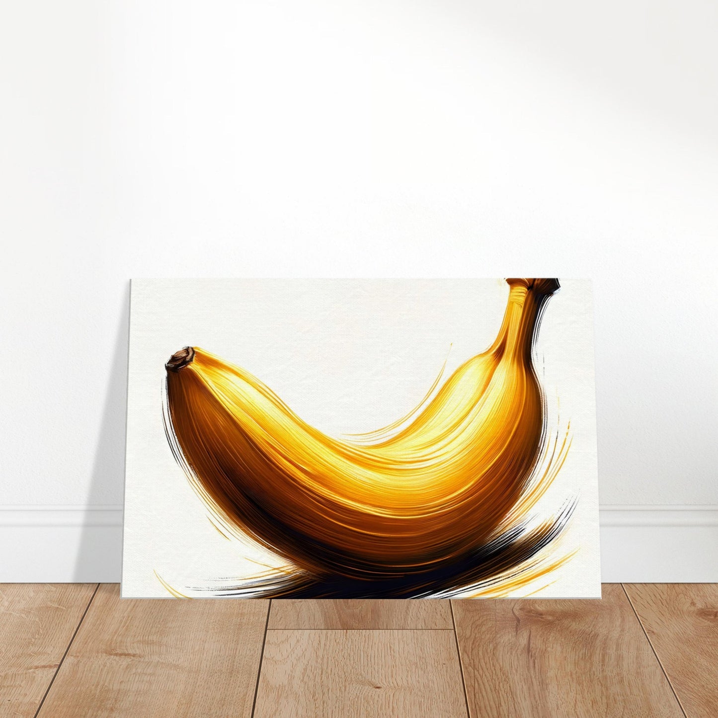 Canvas art depicting an abstract banana with flowing strokes of yellow and amber colors.