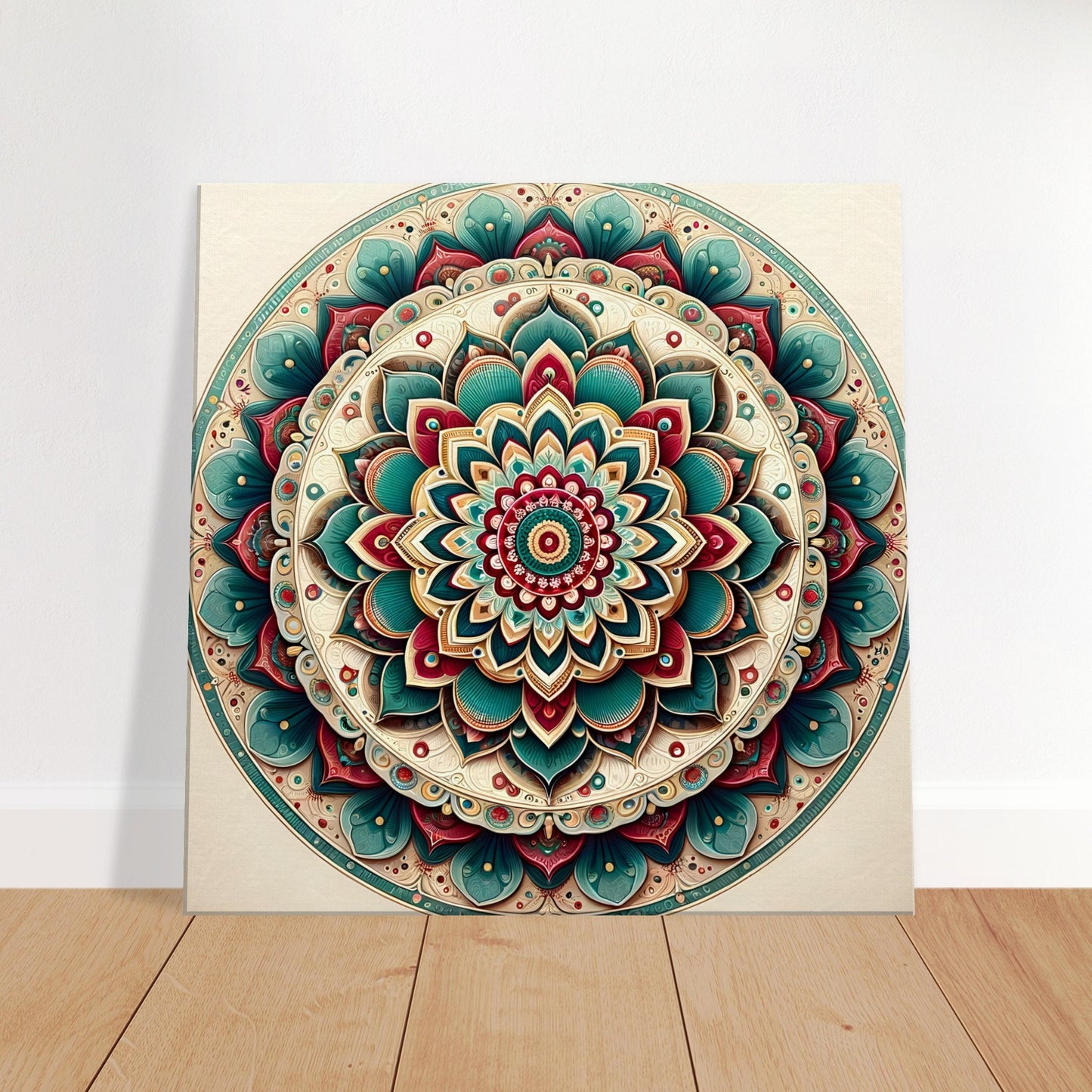 Mandala artwork featuring detailed patterns on a neutral background with vivid accents of red, turquoise, and yellow.