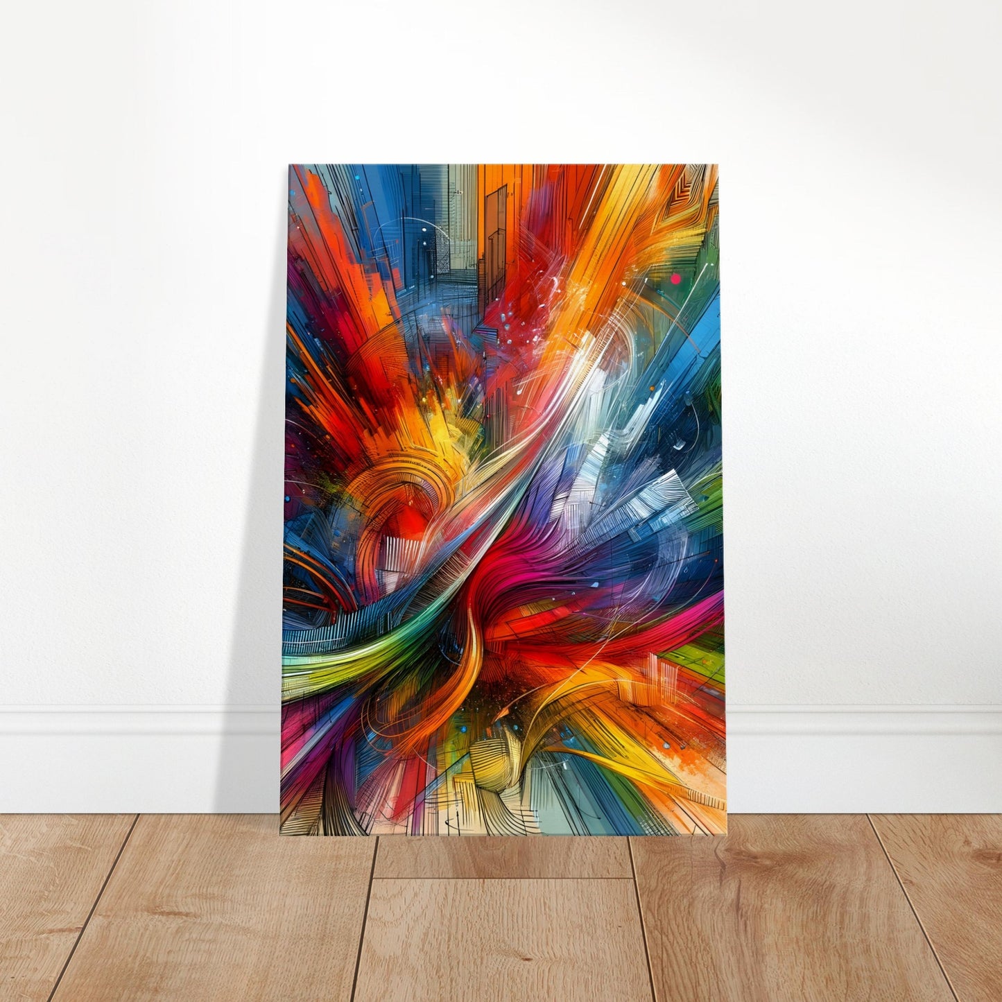 Abstract canvas with colourful, energetic brushstrokes and lines creating a vivid sense of movement and vitality.