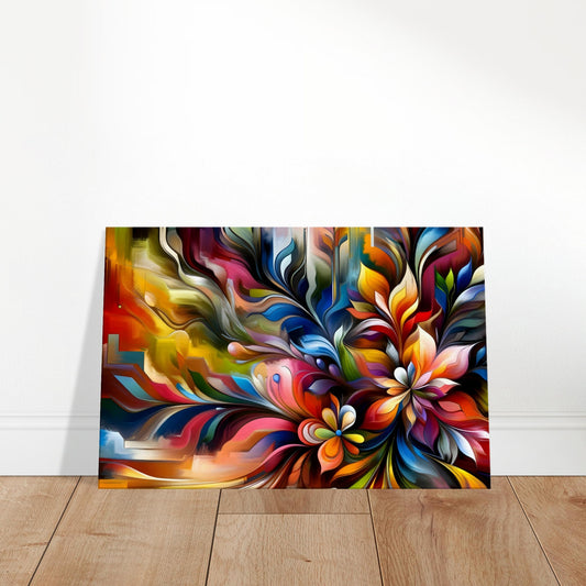Colorful abstract floral painting with dynamic, vivid flower-like shapes in bold motion.