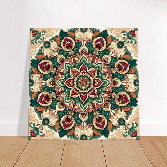 Mandala artwork with jade green, amber, and raspberry details on an ivory background, showcasing traditional motifs with vibrant accents.