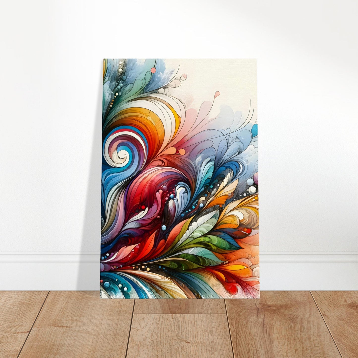 Abstract artwork with organic flowing shapes and vibrant natural colours, inspired by elements like wind and water.
