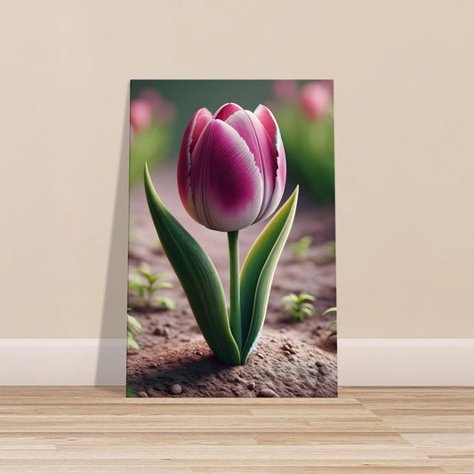 Pink tulip with white-tipped petals and green variegated leaves, softly blurred tulip field in background