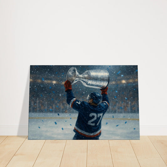 Hockey player raising a trophy above their head on the ice with confetti and snow falling.