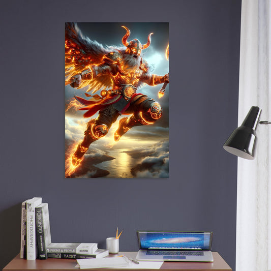 A Viking warrior in red and gold armor leaps through a stormy Nordic sky with a battle axe raised overhead.