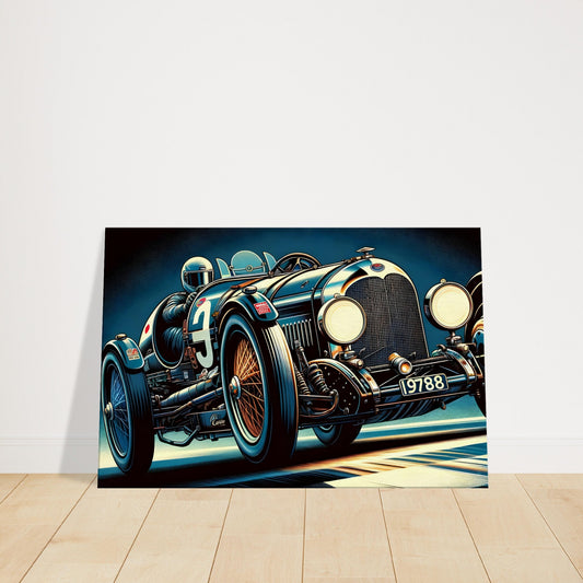 Retro wall art of a vintage Raleigh race car with chrome accents and spoked wheels in a classic color palette.