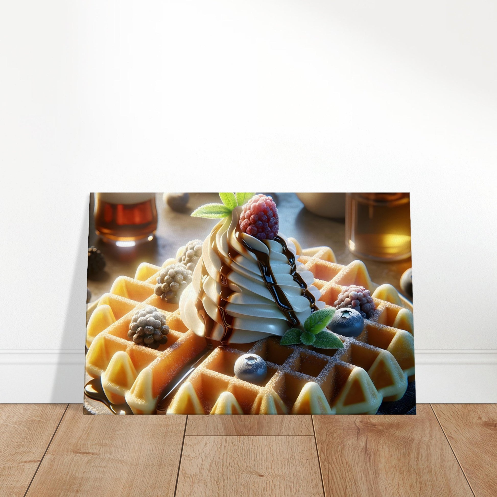 Canvas art depicting golden waffles topped with cream, chocolate drizzle, whipped cream, and fresh berries dusted with icing sugar.
