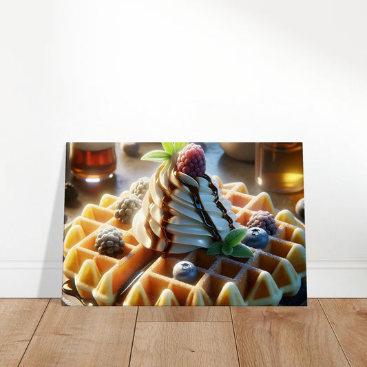 Canvas art depicting golden waffles topped with cream, chocolate drizzle, whipped cream, and fresh berries dusted with icing sugar.