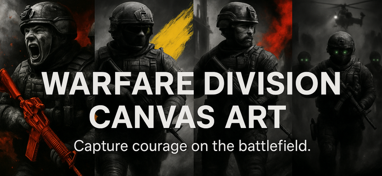 Advertisement for Warfare Division Canvas Art with soldiers and promotional text.