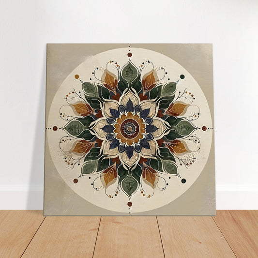 Mandala artwork with intricate patterns and warm accents of olive green, burnt orange, and deep violet on a contemporary background.