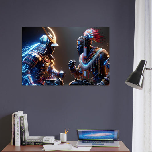 Two warriors from distinct cultures stand side by side in glowing traditional armor, set against a dark, eclipse-like battlefield.