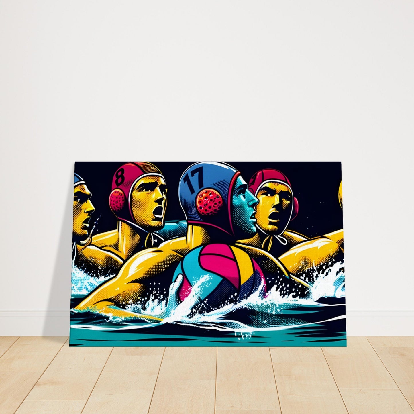 Canvas artwork of water polo players mid-game, highlighting intense motion, teamwork, and vivid water contrasts.