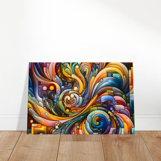 Abstract wall art featuring colourful geometric waves and layered textures in a dynamic composition.