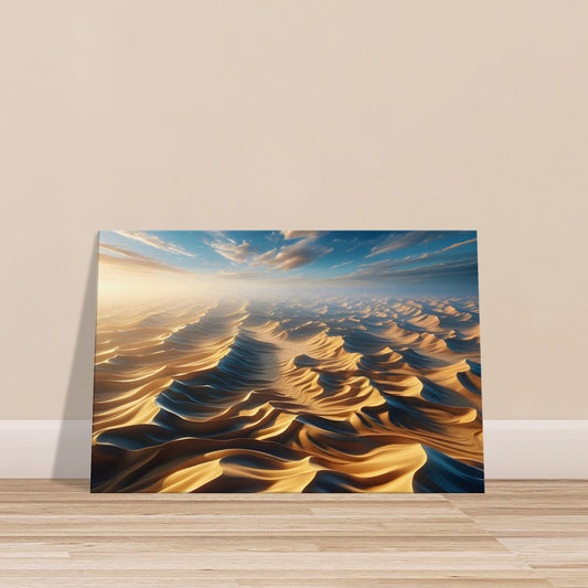 Sunrise over golden desert sand dunes with deep shadows and pastel sky, showcasing wind-sculpted ripples in a tranquil landscape.