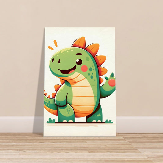 Cartoon-style brightly colored Iguanodon waving with a smile.