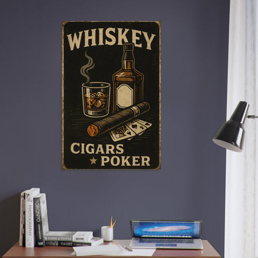 Vintage-style metal poster with whiskey glass, cigars, and poker chips – gentleman’s trifecta wall art.