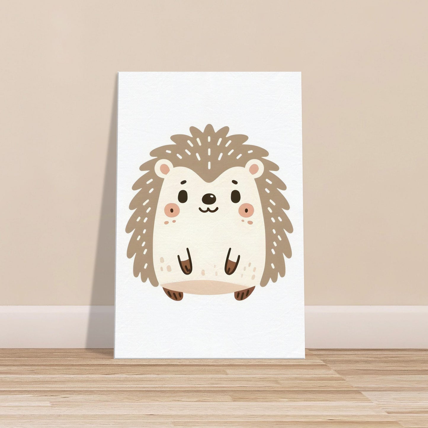 Minimalist cartoon hedgehog with soft expression on a clean white background.