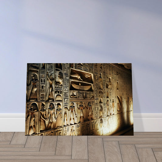 Wall of a pharaoh’s tomb covered in detailed hieroglyphics illuminated by torchlight, depicting scenes of ancient Egyptian life and ritual.