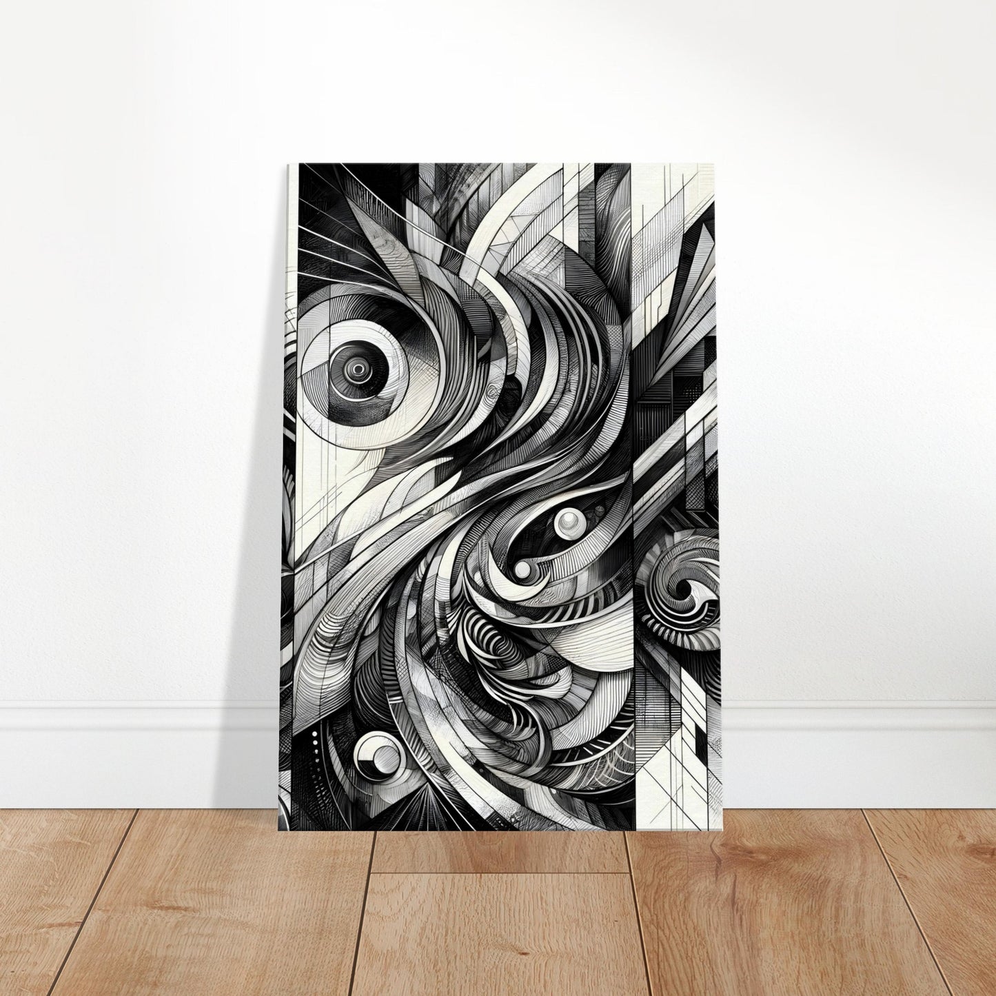 Black and white abstract artwork featuring swirling graphite patterns and sharp geometric shapes in a textured composition.