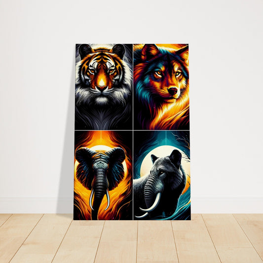 Pop art collection featuring vibrant portraits of tiger, wolf, and elephants with bold colors and intricate details.