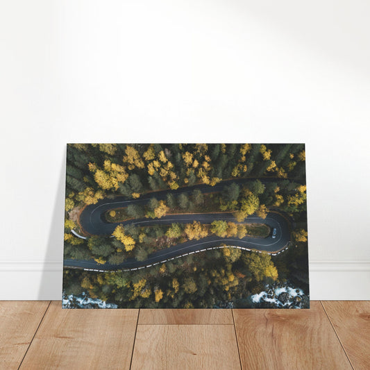 Aerial view of a winding road through a colorful autumn forest with a flowing stream beside it.