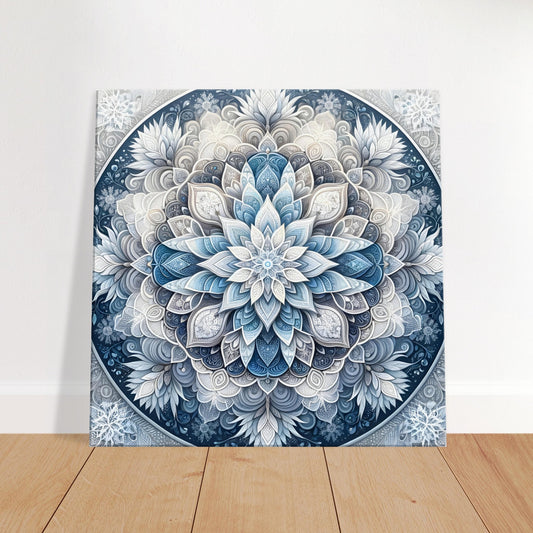 Mandala artwork featuring icy blue, silver, and frosty white on a cool gray background, capturing the serene essence of winter.