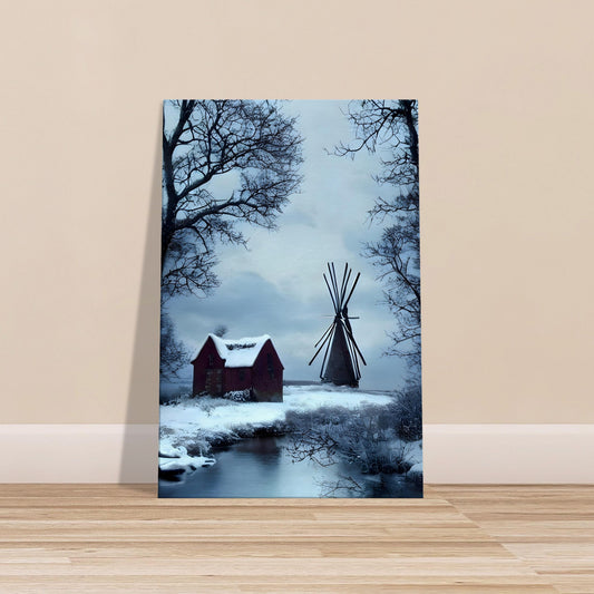 Canvas artwork of a snowy cabin and windmill beside a frozen lake in a peaceful winter setting