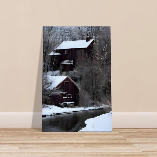 Canvas artwork of a rustic house beside a snowy, partially frozen river with reflections and bare winter trees