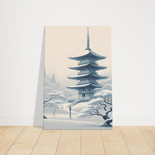 Japanese winter landscape with a snow-covered pagoda and misty mountains in soft, tranquil tones.